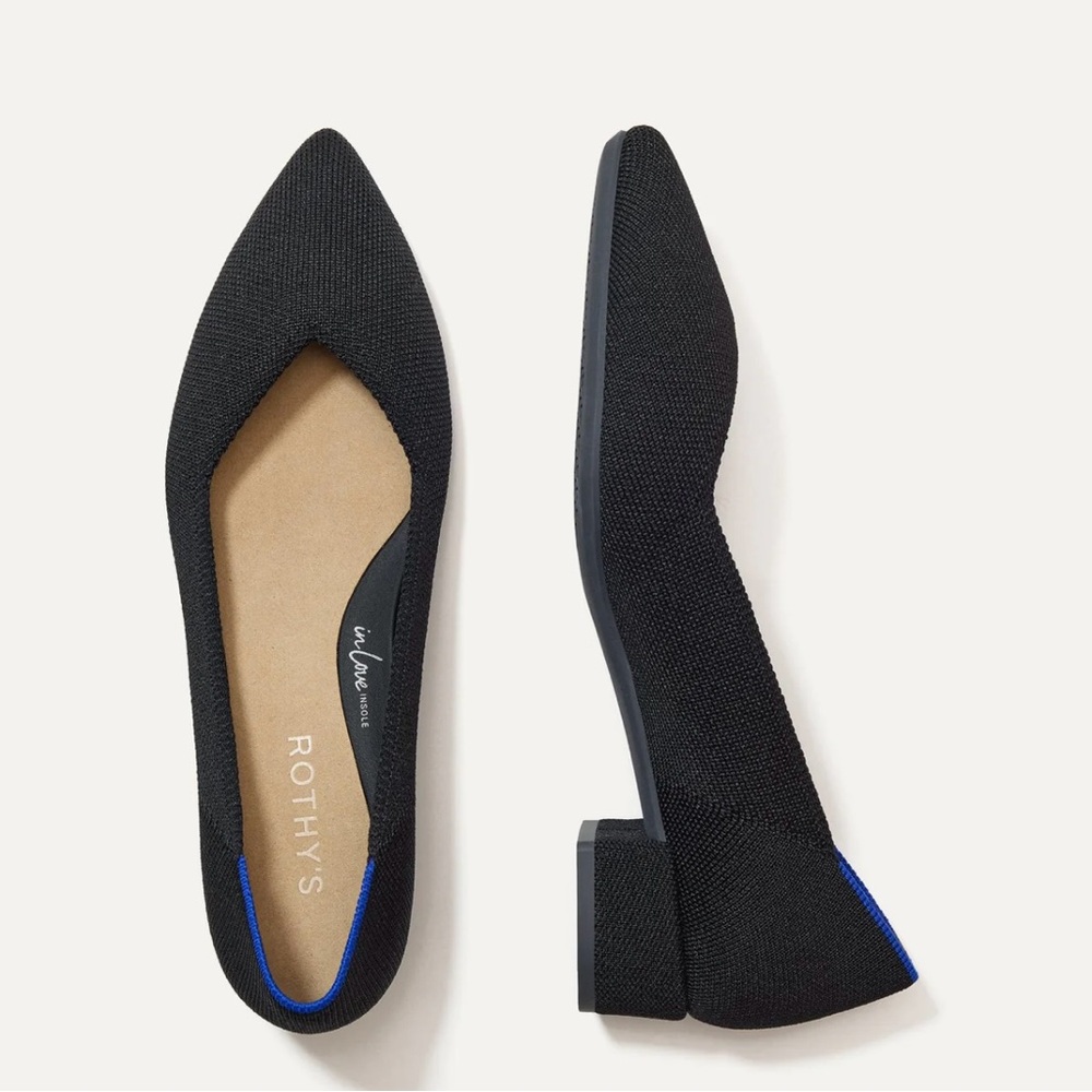 Rothy's Black Pointed Toe Low Block Heel Flats with Blue Trim